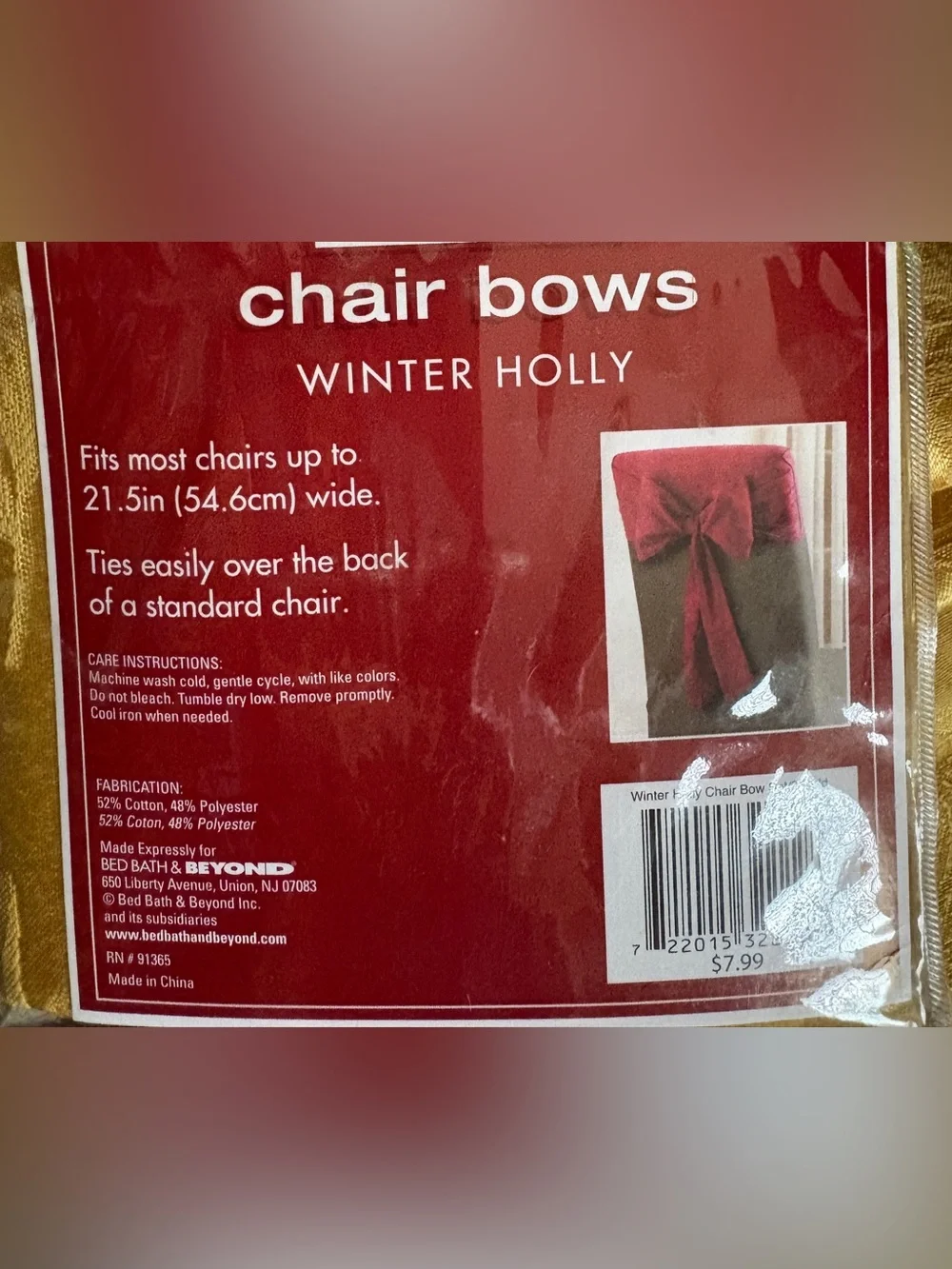 Set of 2 Gold Damask Winter  Holly Tablecloths and 6 chair bows